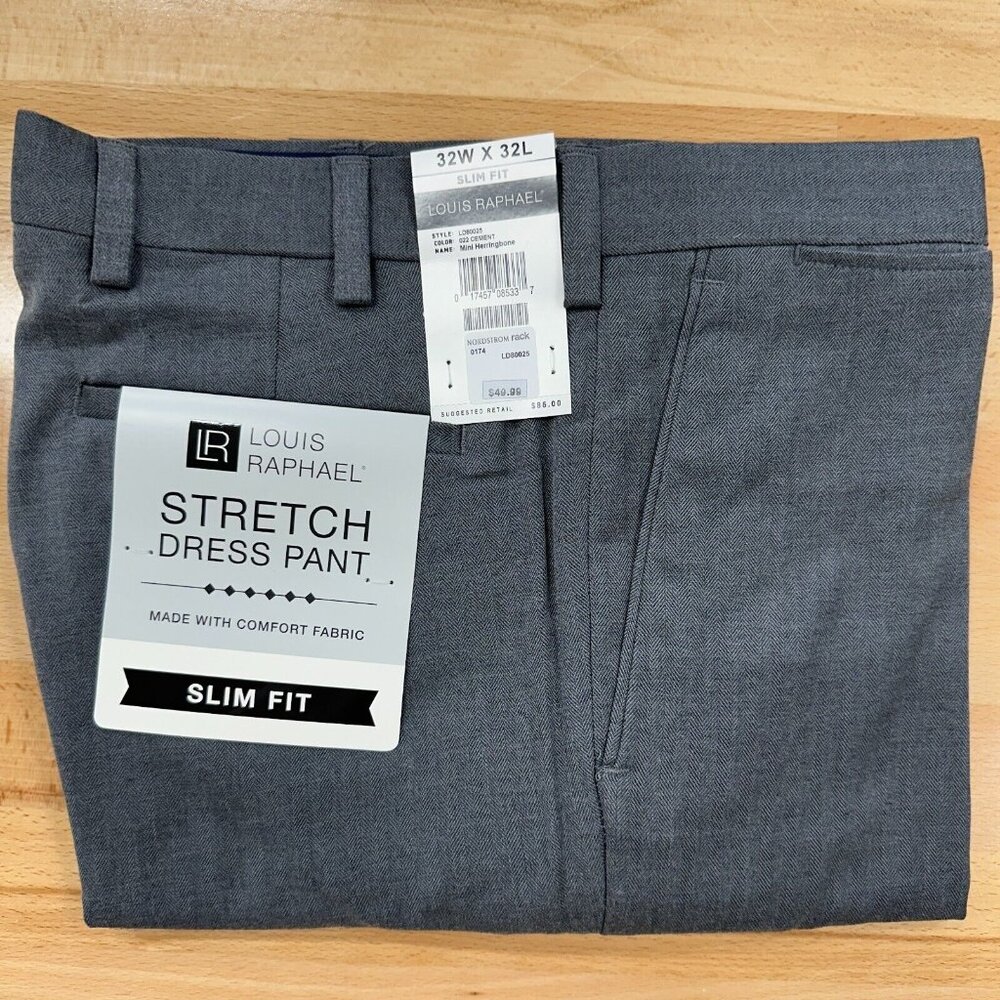 Louis Raphael Men's Slim Fit Dress Pants 32x32 Gray Straight Mini Herringbone